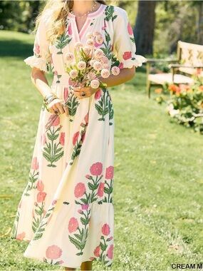 Umgee Floral Smocked Midi Dress with Green Leaf Print